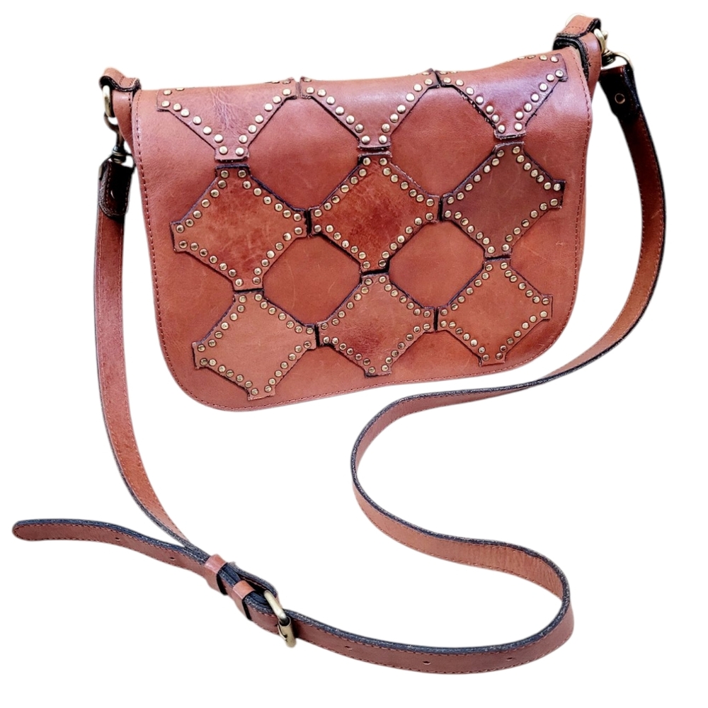 PATRICIA NASH Diamond Studded Leather Flap Front Messenger Crossbody Bag Handbag